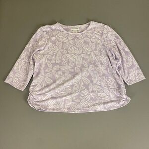 Alfred Dunner Floral Print Lavender Top Women's XL 3/4 Sleeve‎ Ruched Sides